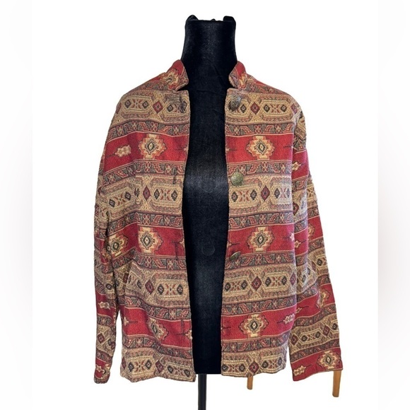 Vintage Tapestry Jacket Krista Koeppe M Cotton Red Gold Button Front Grannycore - Picture 1 of 7